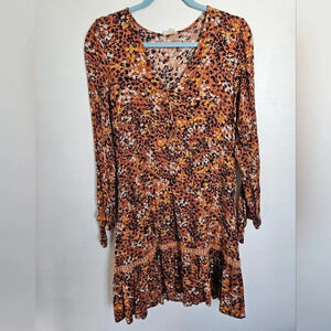 Hem & Thread Womens Cheetah Floral Print Long Sleeve V‎ Neck Ruffle Dress L